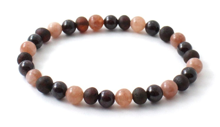 Amber Cherry Unpolished Stretch Bracelet With Sunstone and Garnet-2