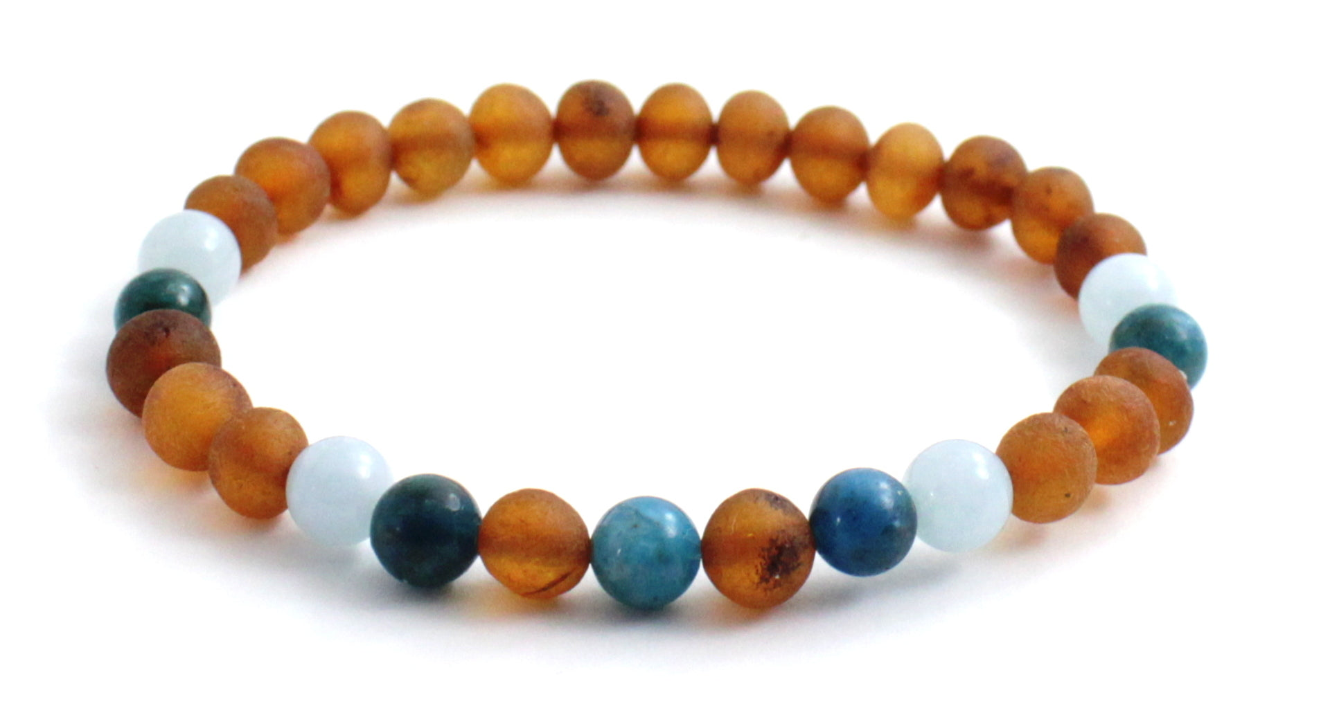 Amber Raw Cognac Baltic Stretch Bracelet With Blue Apatite and Aquamarine-2