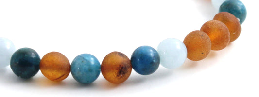 Amber Raw Cognac Baltic Stretch Bracelet With Blue Apatite and Aquamarine-1