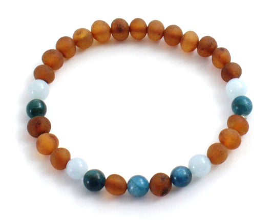 Amber Raw Cognac Baltic Stretch Bracelet With Blue Apatite and Aquamarine-0
